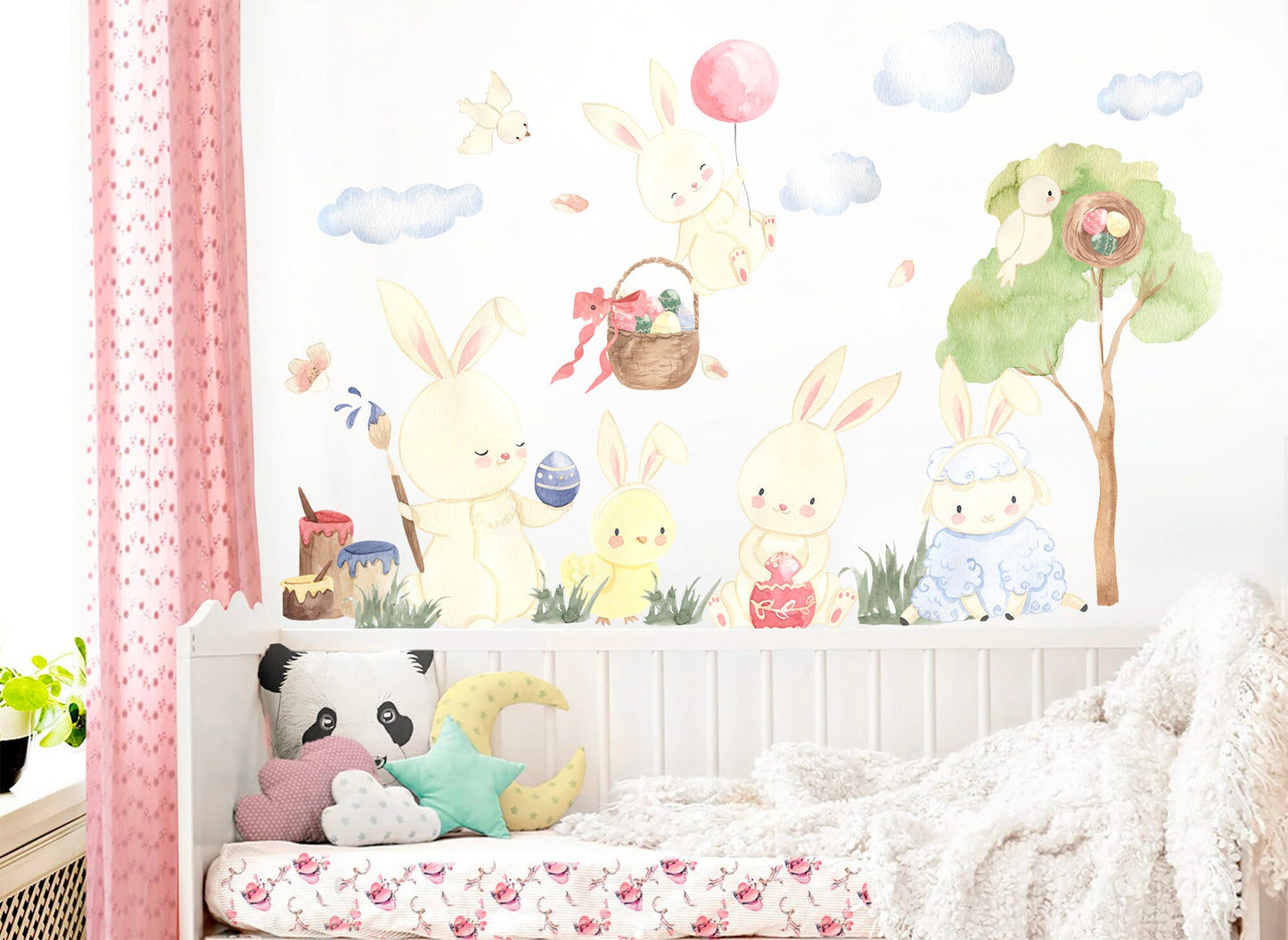 Watercolor Balloon Easter Bunny Celebration Happy Egg Wall Decal - BR140
