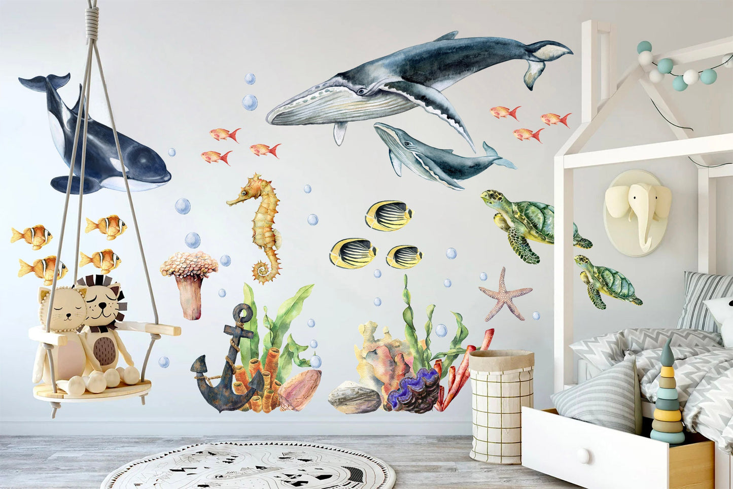 Marine Life Underwater Wall Decal - Whale Dolphin Sea Turtle Seahorse - Removable Peel and Stick - BR145