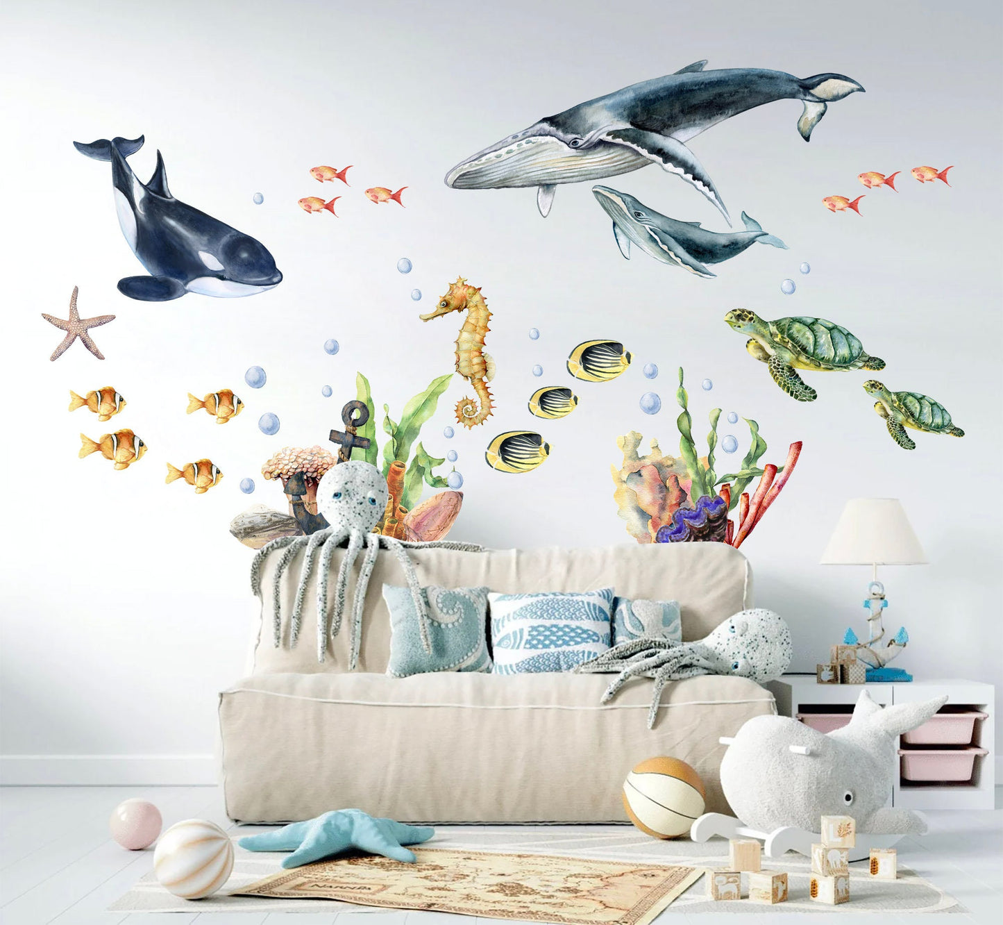 Marine Life Underwater Wall Decal - Whale Dolphin Sea Turtle Seahorse - Removable Peel and Stick - BR145