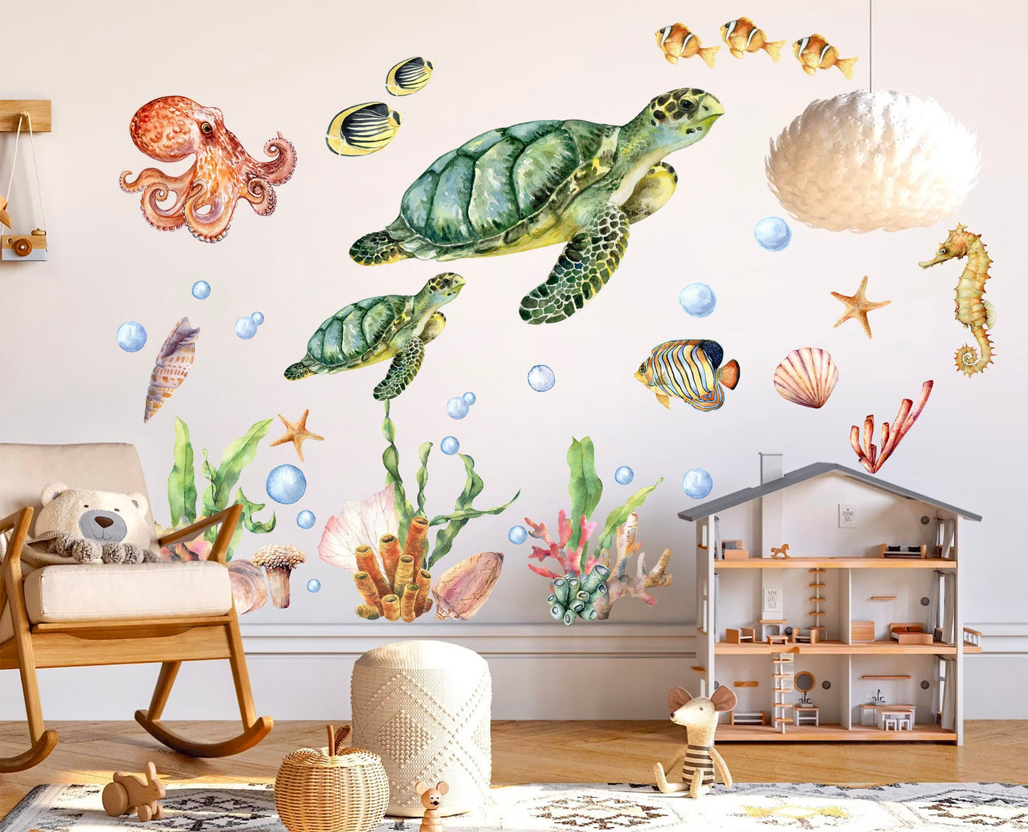Underwater Adventure Wall Decal - Turtle Mom with Baby Swimming Among Octopus and Seahorse Friends - BR146