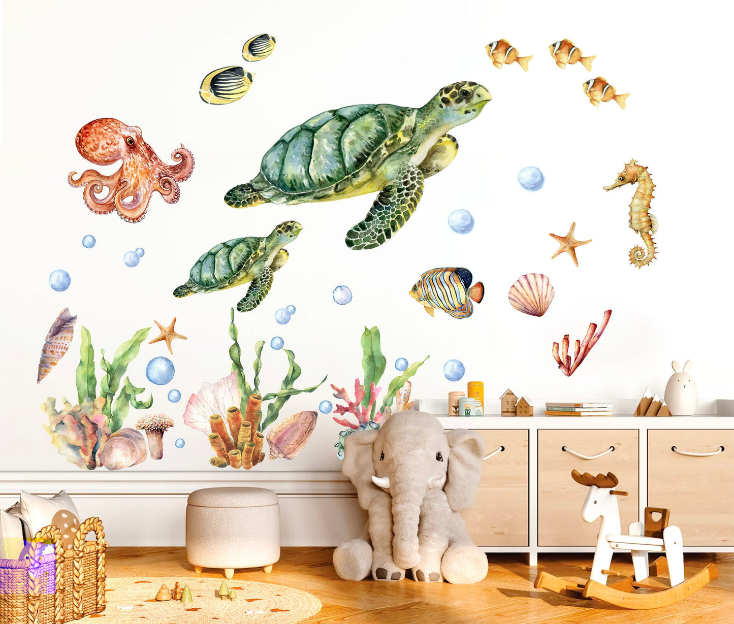 Underwater Adventure Wall Decal - Turtle Mom with Baby Swimming Among Octopus and Seahorse Friends - BR146