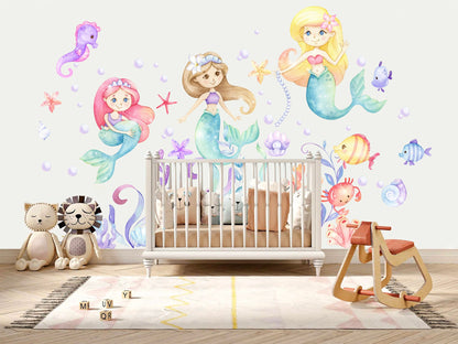 Mermaid Princess Watercolor Wall Decal - Playful Undersea Girls' Room Decor - BR149