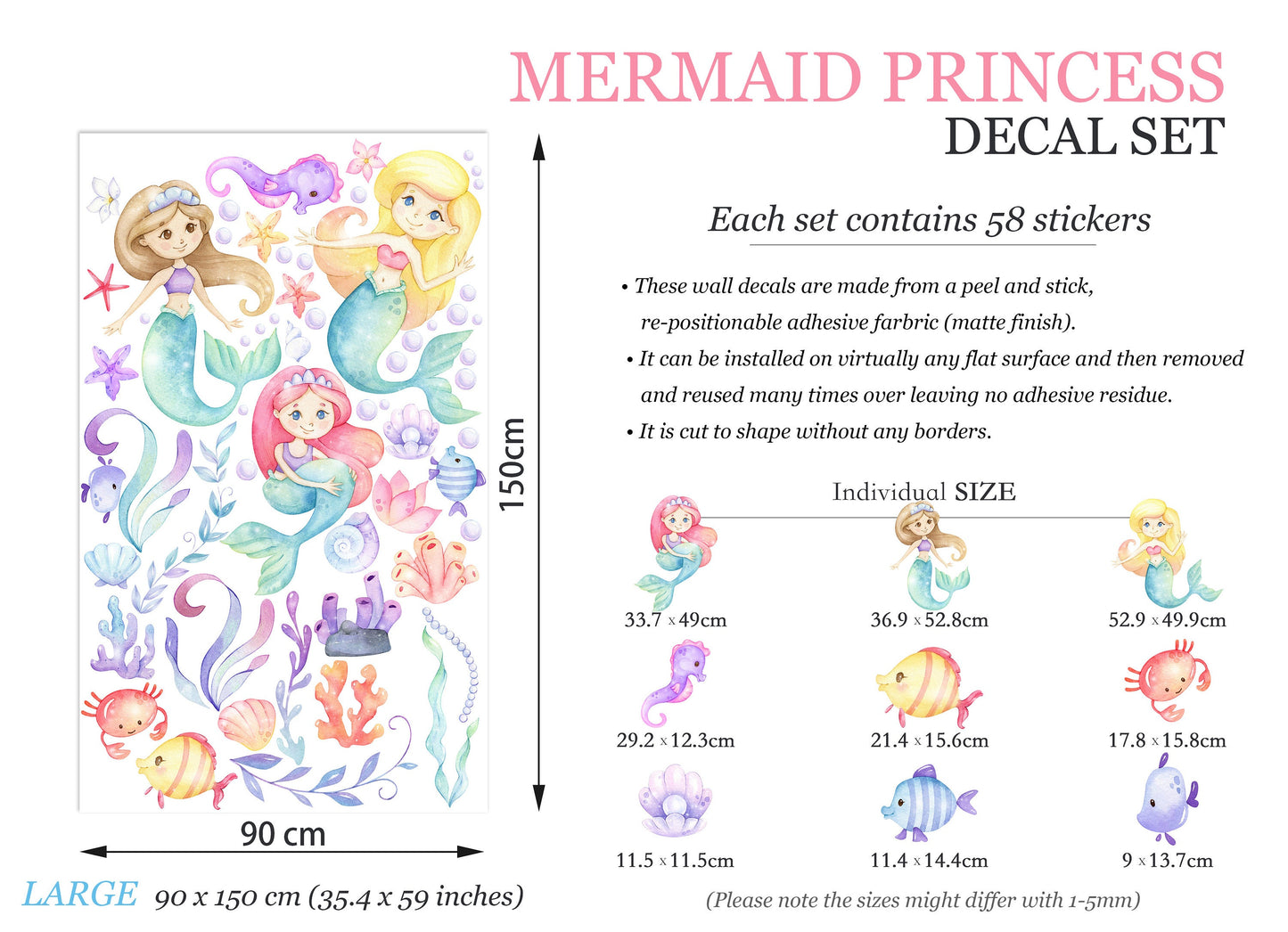 Mermaid Princess Watercolor Wall Decal - Playful Undersea Girls' Room Decor - BR149