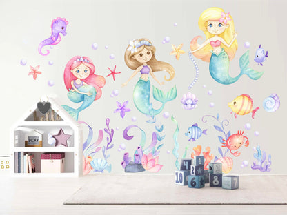 Mermaid Princess Watercolor Wall Decal - Playful Undersea Girls' Room Decor - BR149