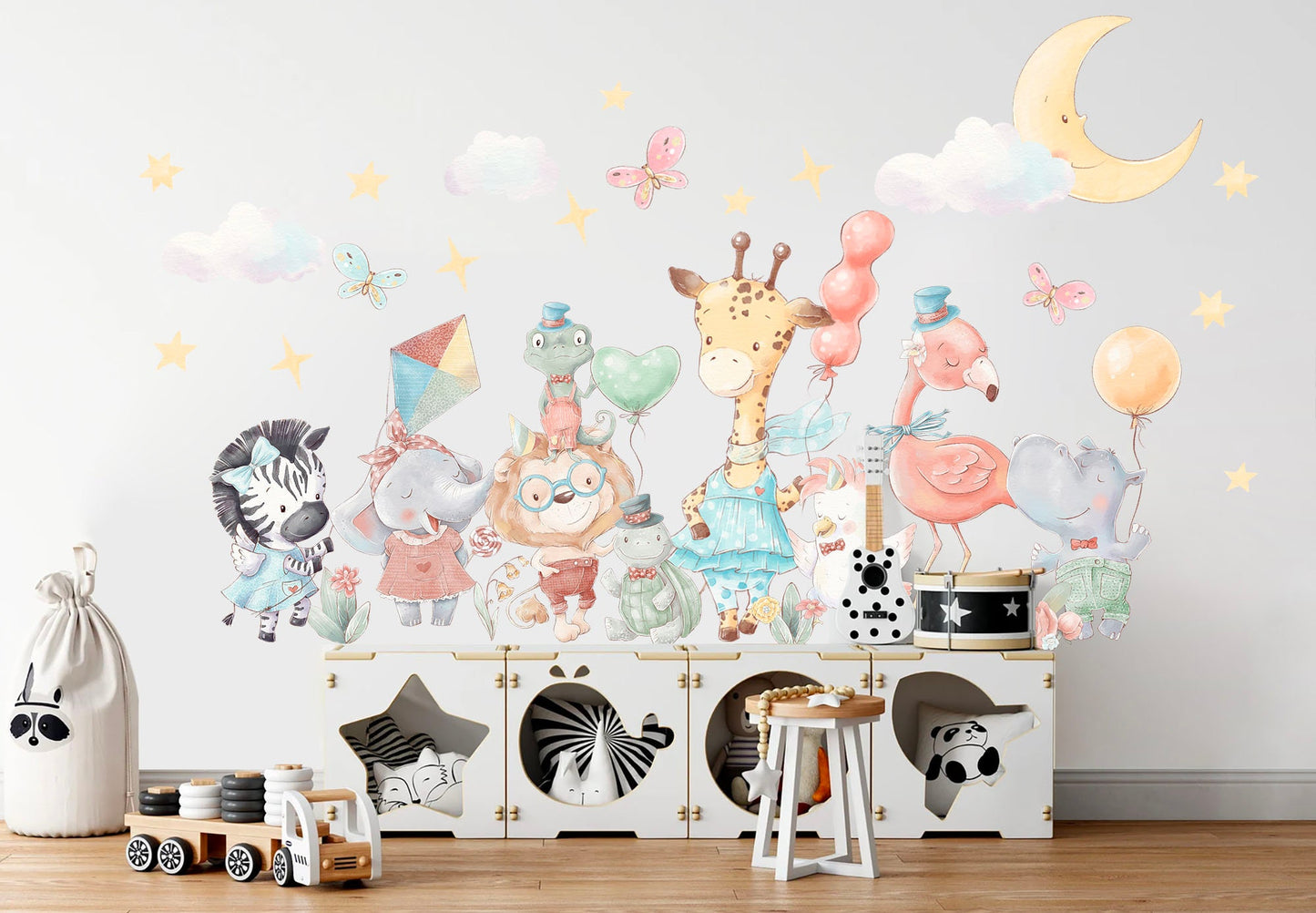 Animal Party Wall Decal - Giraffe, Elephant, Zebra with Balloons - Removable Peel and Stick - BR163