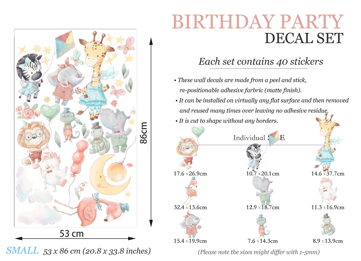 Animal Party Wall Decal - Giraffe, Elephant, Zebra with Balloons - Removable Peel and Stick - BR163