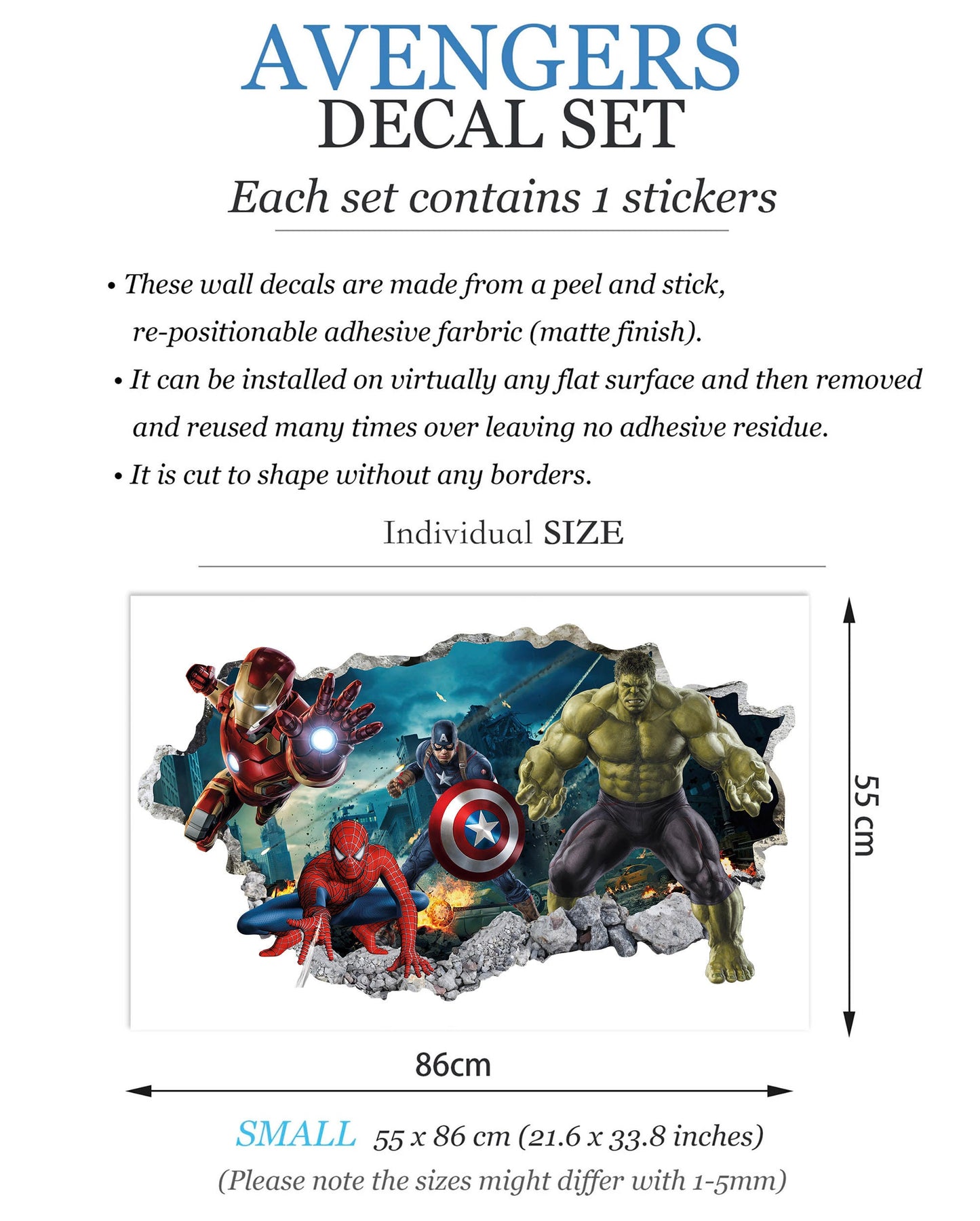 Avengers Hulk Spiderman Iron Man Captain America Superheroes coming out 3D Smashed Wall Decal - BR157