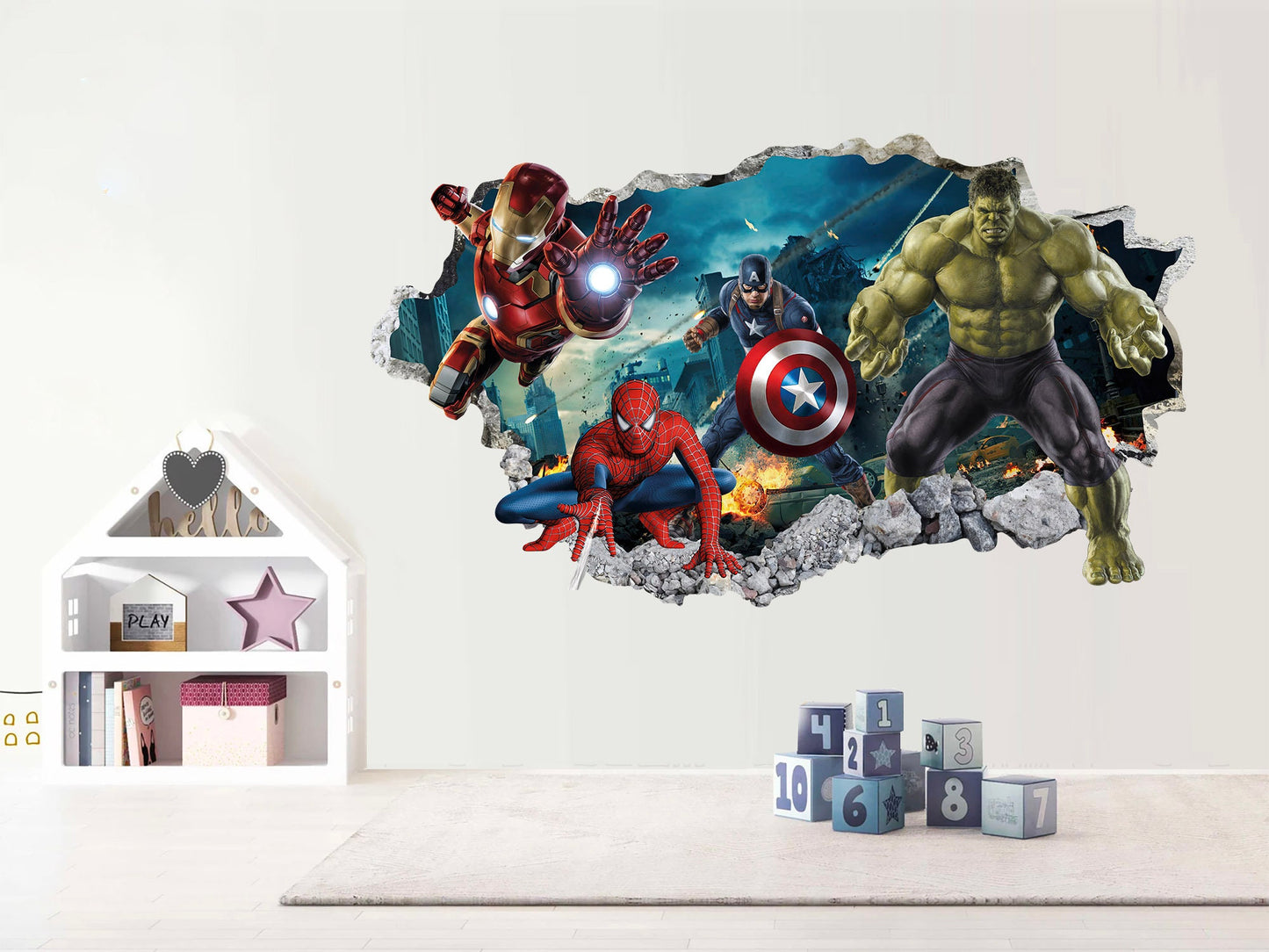 Avengers Hulk Spiderman Iron Man Captain America Superheroes coming out 3D Smashed Wall Decal - BR157