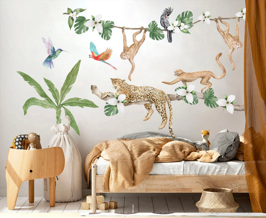African Animals Tree Trunk Wall Decal - Leopard Monkey - Removable Peel and Stick - BR167