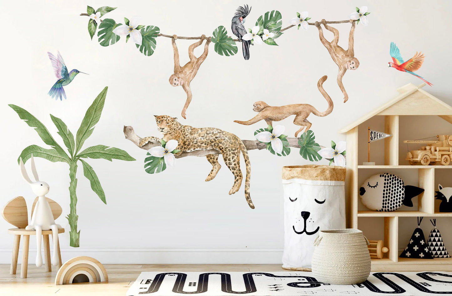African Animals Tree Trunk Wall Decal - Leopard Monkey - Removable Peel and Stick - BR167