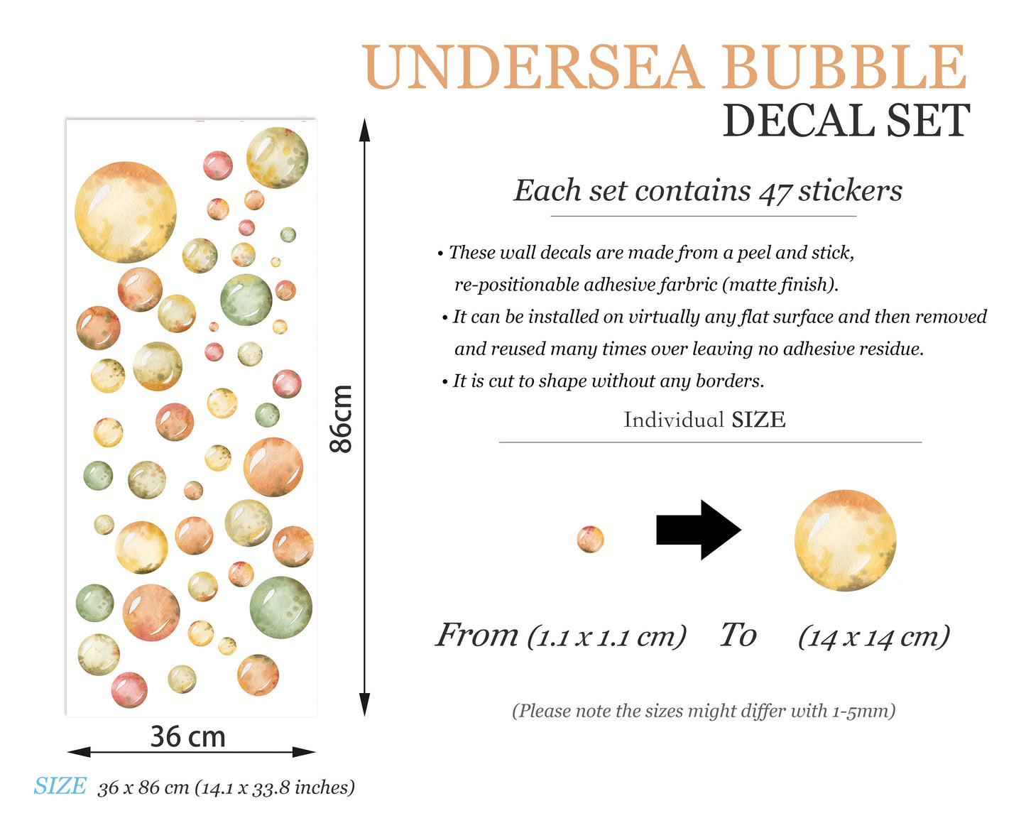Watercolor Undersea Bubbles - Removable Wall Decal Sticker - Kids Room Gift - BR168