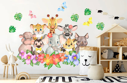 African Animal Babies Jungle Palm Wall Decal - Removable Peel and Stick - BR161