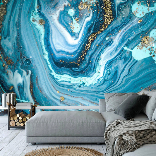 Abstract Marble Blue Gold Wall Art Print - Removable Wallpaper for Living Room Murals - WM017
