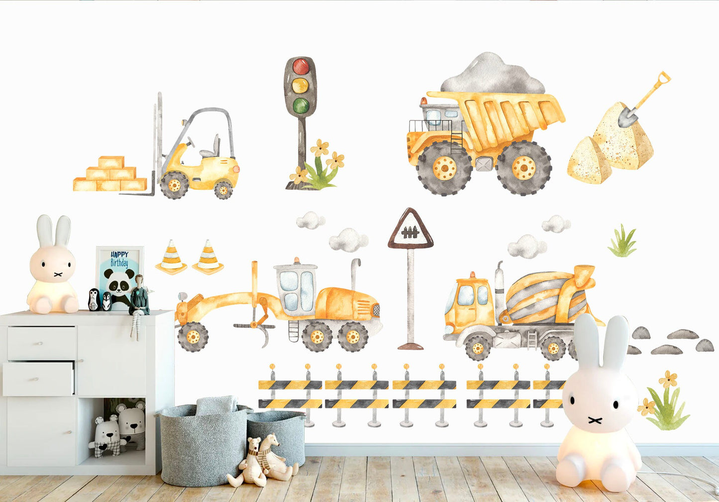 Trucks Bulldozer Tractors Diggers Behind Roadblocks Construction Site Removable Wall Decal - Boys Room Gift - BR175