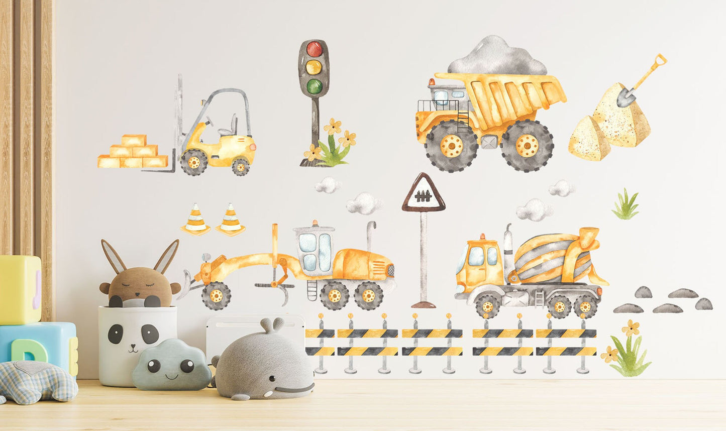 Trucks Bulldozer Tractors Diggers Behind Roadblocks Construction Site Removable Wall Decal - Boys Room Gift - BR175