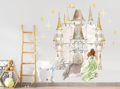 Enchanting Princess Castle Wall Decal Set - Sparkling Stars, Running Princess, and Gallant White Horse - Dreamy Room Decor for Girls - BR181