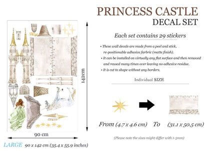 Enchanting Princess Castle Wall Decal Set - Sparkling Stars, Running Princess, and Gallant White Horse - Dreamy Room Decor for Girls - BR181