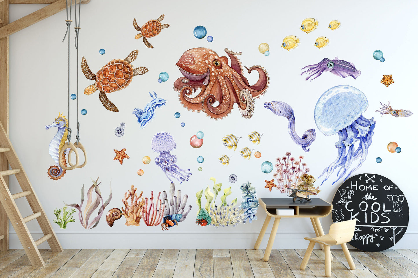 Enchanting Undersea World Cartoon Wall Decal - Whimsical Marine Creatures for Kids Room - BR174