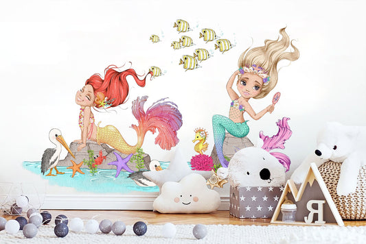 Dreamy Mermaid Shoreline Wall Mural - Beautiful Princess, Seabirds & Fish - Create a Serene Ambiance in Girls' Bedrooms - BR185