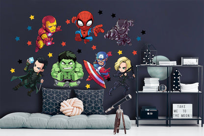 Cartoon Marvel World Avengers Superhero Wall Decal - Thor Hulk Spiderman Iron Man Captain America - BR190