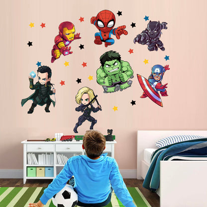 Cartoon Marvel World Avengers Superhero Wall Decal - Thor Hulk Spiderman Iron Man Captain America - BR190