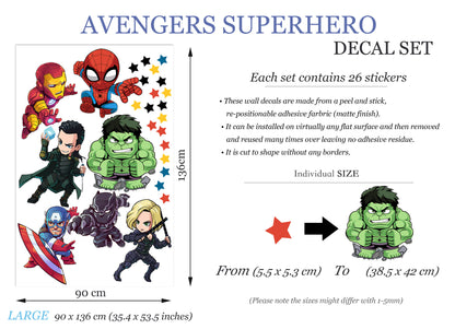 Cartoon Marvel World Avengers Superhero Wall Decal - Thor Hulk Spiderman Iron Man Captain America - BR190