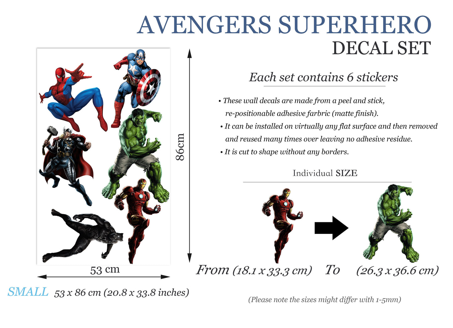 Superhero Hulk Spiderman Iron Man Captain America Avengers Thor Panther Wall Decal - Boys Room Decoration - BR191