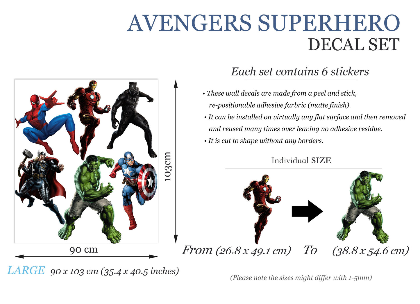 Superhero Hulk Spiderman Iron Man Captain America Avengers Thor Panther Wall Decal - Boys Room Decoration - BR191