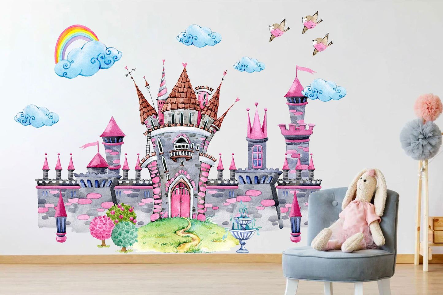 Pink Punk Princess Castle Wall Decal - Watercolor Style with Rainbows, Clouds - Ideal for Girls' Room Decor - BR180