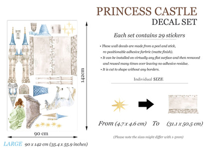 Enchanting Princess Castle Wall Decal Set - Sparkling Stars, Running Princess, and Gallant White Horse - Dreamy Room Decor for Girls - BR181