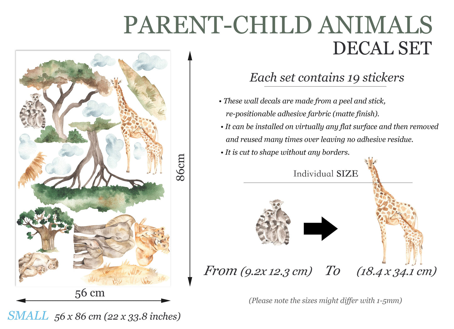 African Wildlife Parent-Child Series Wall Decal - Elephant Giraffe Lemur - Removable Peel and Stick - BR200