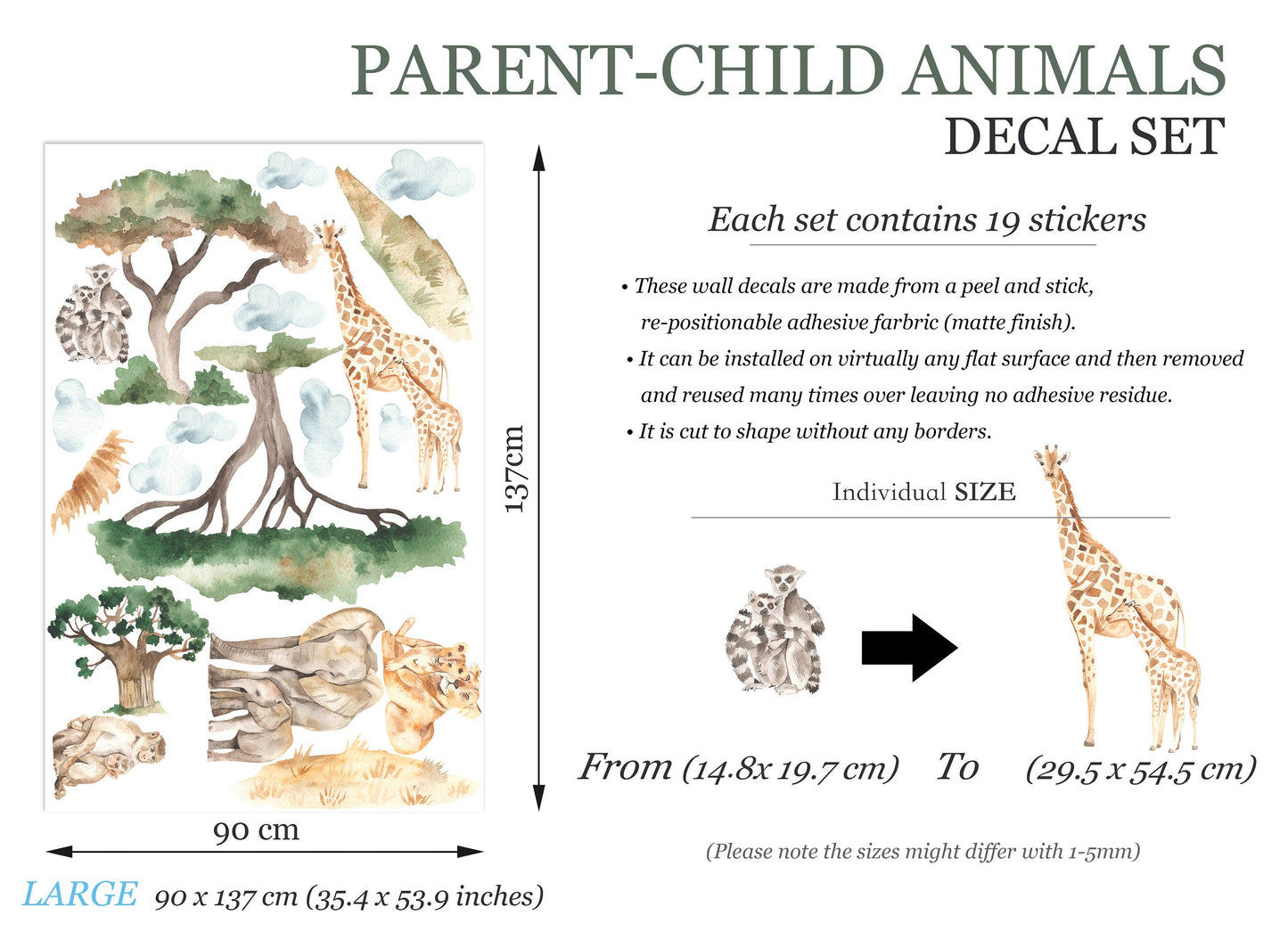 African Wildlife Parent-Child Series Wall Decal - Elephant Giraffe Lemur - Removable Peel and Stick - BR200