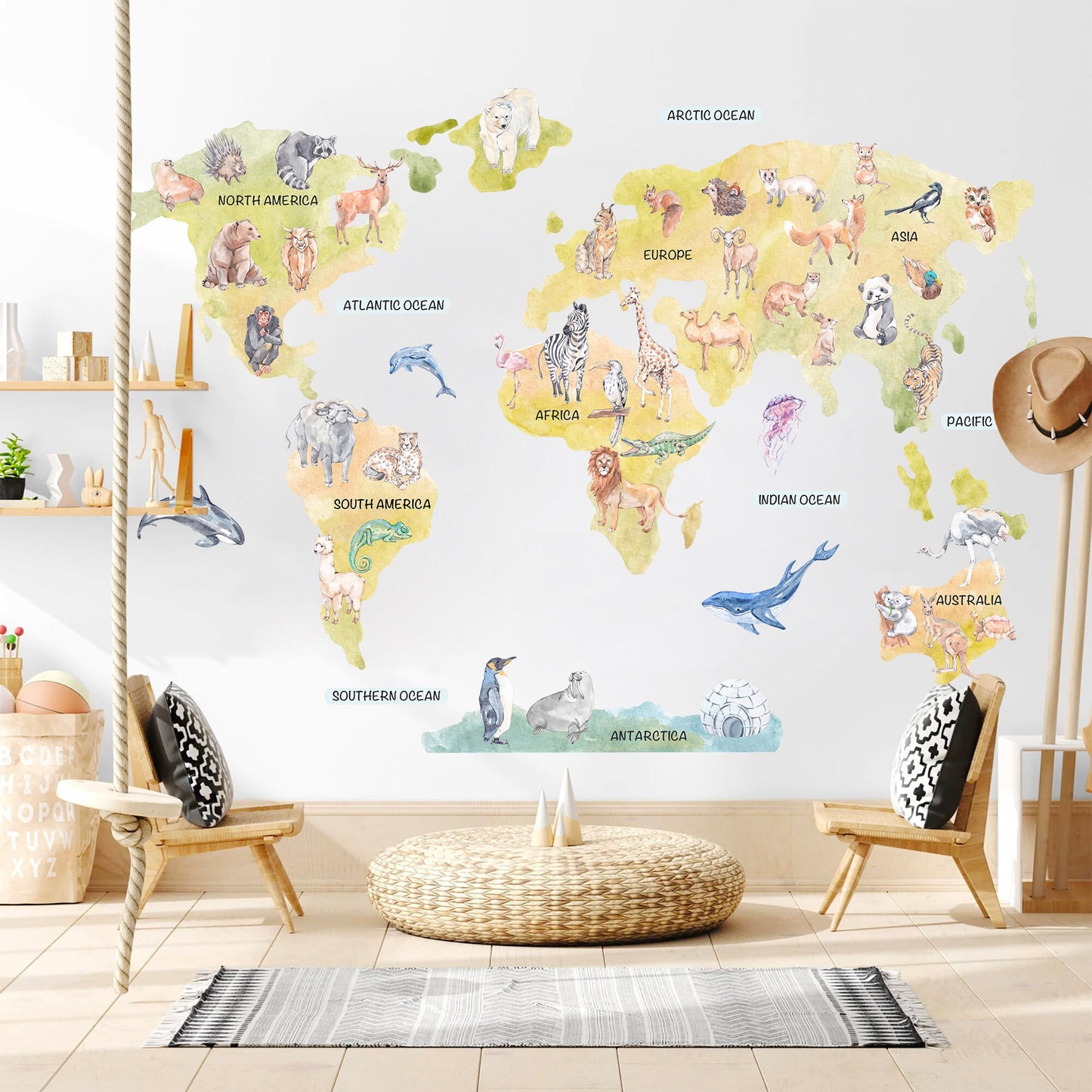 Wildlife World Map Removable Wall Decal - Representative Animals - BR183
