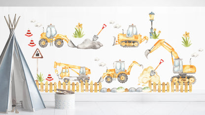 Yellow Construction Machinery Engineering Construction Vehicle Crane Trucks Removable Wall Decal Boys Room Gift - BR187