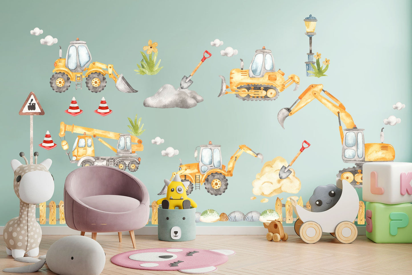 Yellow Construction Machinery Engineering Construction Vehicle Crane Trucks Removable Wall Decal Boys Room Gift - BR187