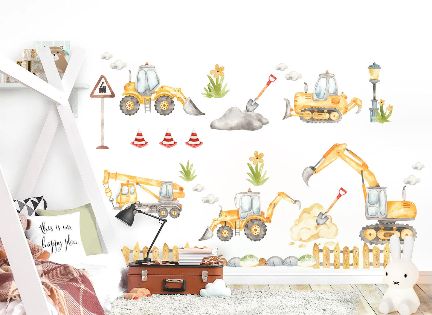 Yellow Construction Machinery Engineering Construction Vehicle Crane Trucks Removable Wall Decal Boys Room Gift - BR187