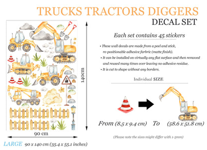 Yellow Construction Machinery Engineering Construction Vehicle Crane Trucks Removable Wall Decal Boys Room Gift - BR187