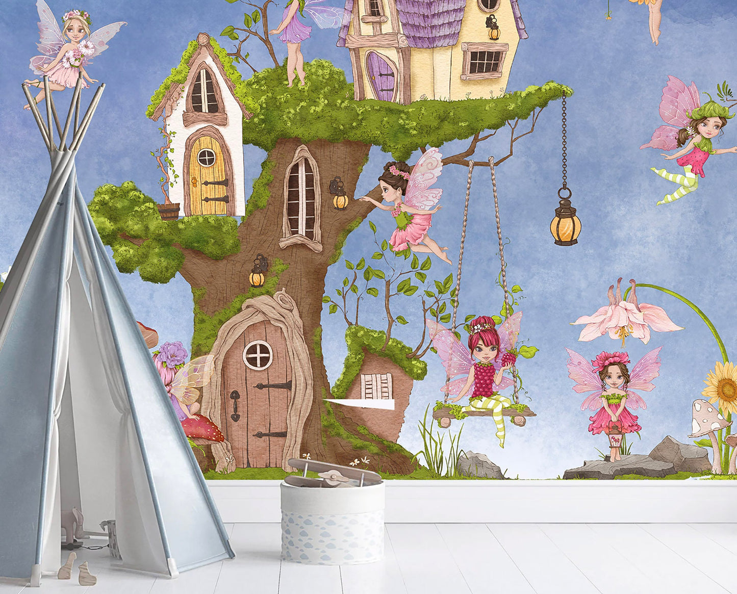 Flower Fairy Wings Tree House Wall Mural - Strawberry Mushroom Nursery Decor - Peel and Stick Fabric Wallpaper - WM021