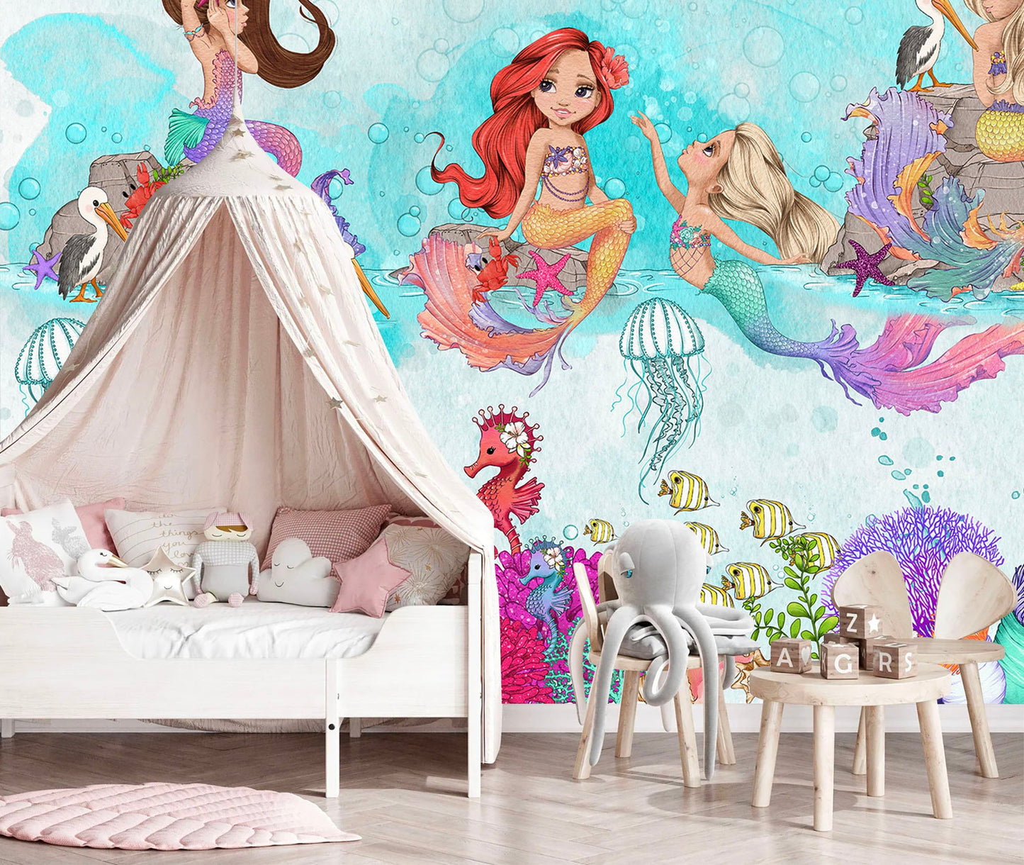 Mermaid and Jellyfish Nursery Wall Mural - Fabric Wallpaper with Seahorse Coral and Pelican Designs - WM022