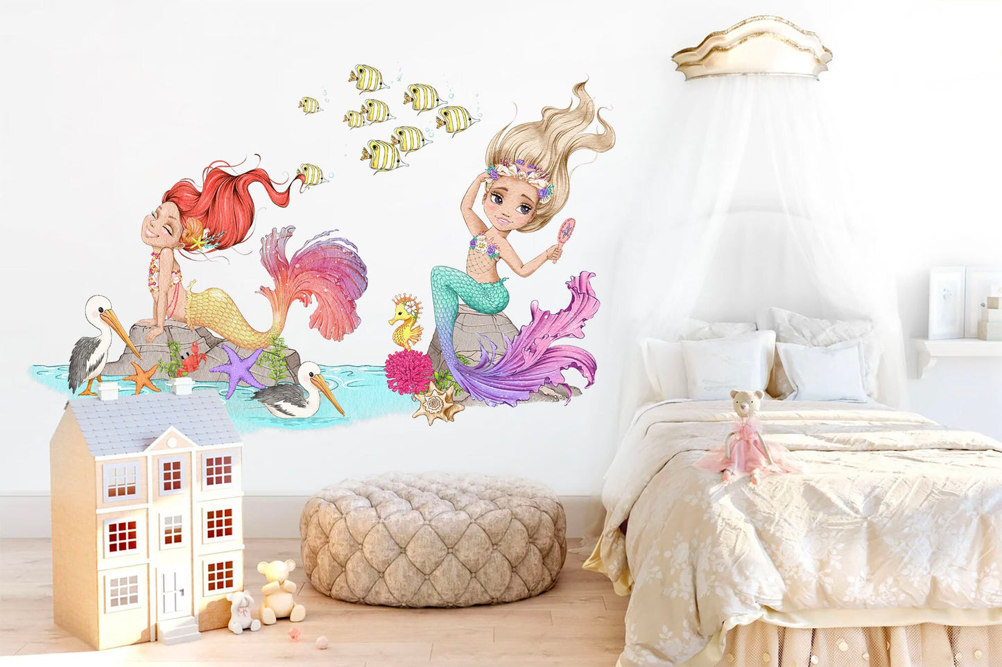 Dreamy Mermaid Shoreline Wall Mural - Beautiful Princess, Seabirds & Fish - Create a Serene Ambiance in Girls' Bedrooms - BR185