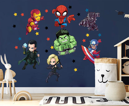 Cartoon Marvel World Avengers Superhero Wall Decal - Thor Hulk Spiderman Iron Man Captain America - BR190