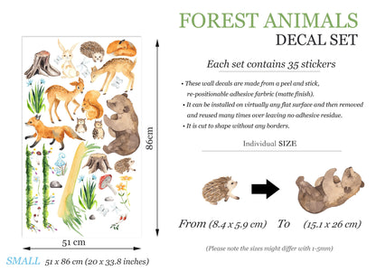 Forest Animals Wall Decal - Bear Playing with Butterflies, Fox Running with Owl, Rabbit on Tree Stump - BR207