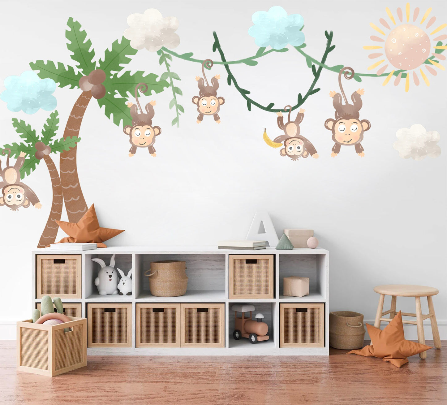 Monkey Playtime Vine Wall Decal - Monkeys on Vines, Coconut Trees, Clouds and Sun - BR211
