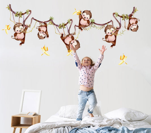 Monkey Vine Banana Picking Wall Decal - Removable Peel and Stick - BR213