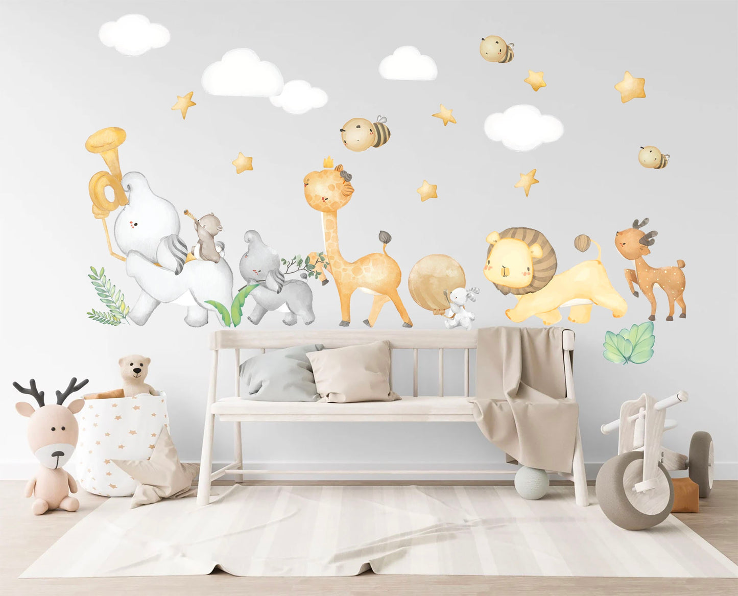 Animal Band Wall Decal - Elephant Duo on Percussion Giraffe Lion Deer with Clouds and Stars - BR214