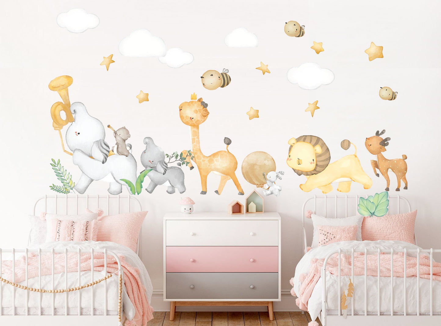 Animal Band Wall Decal - Elephant Duo on Percussion Giraffe Lion Deer with Clouds and Stars - BR214