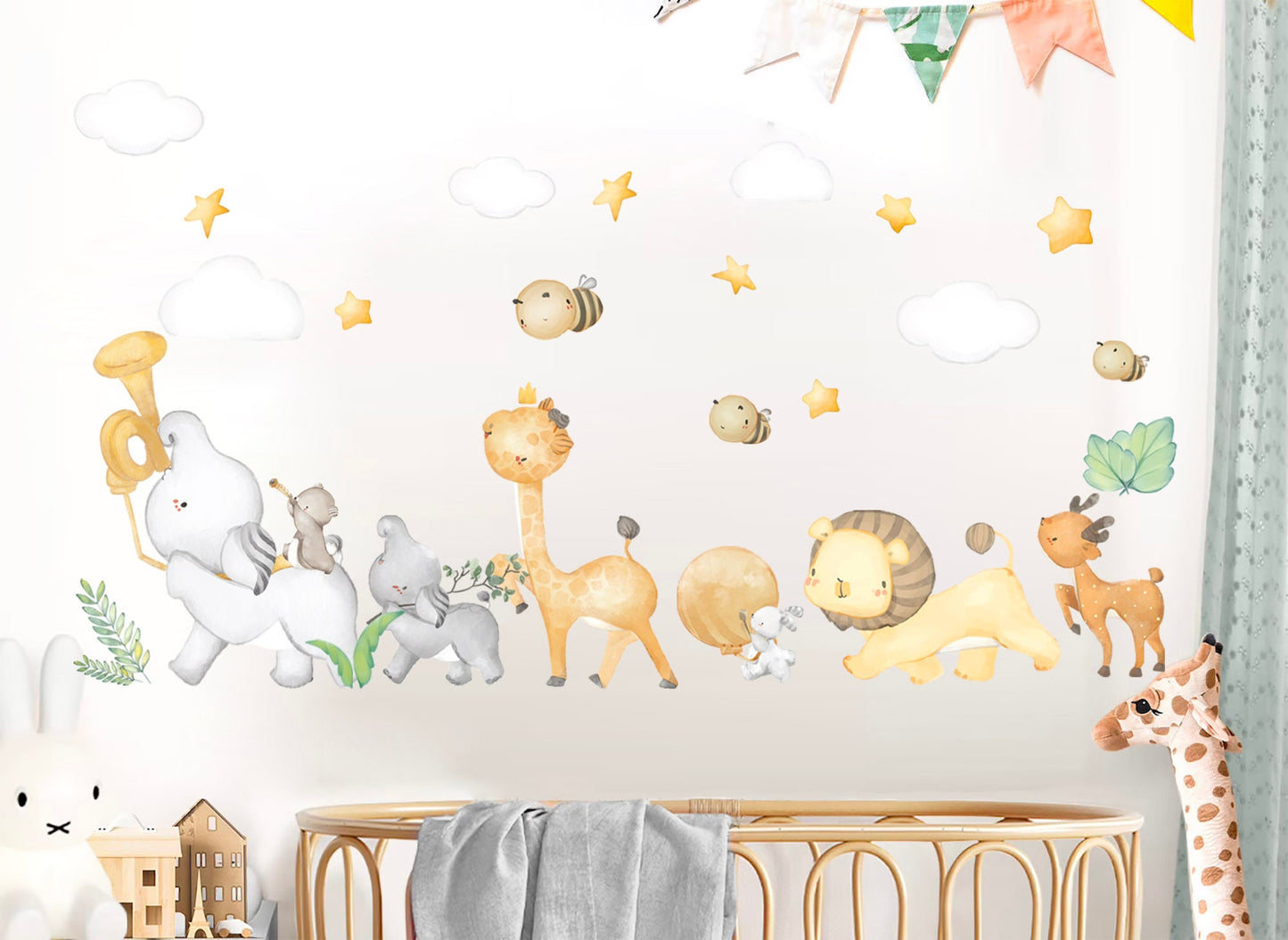 Animal Band Wall Decal - Elephant Duo on Percussion Giraffe Lion Deer with Clouds and Stars - BR214