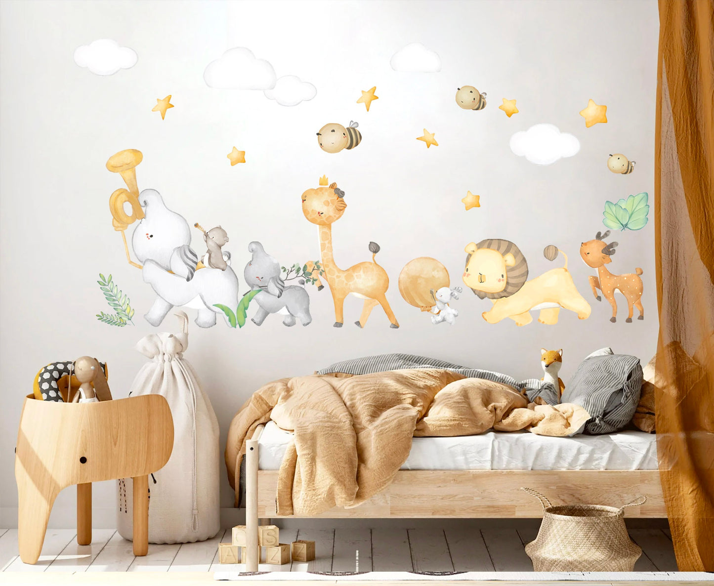 Animal Band Wall Decal - Elephant Duo on Percussion Giraffe Lion Deer with Clouds and Stars - BR214