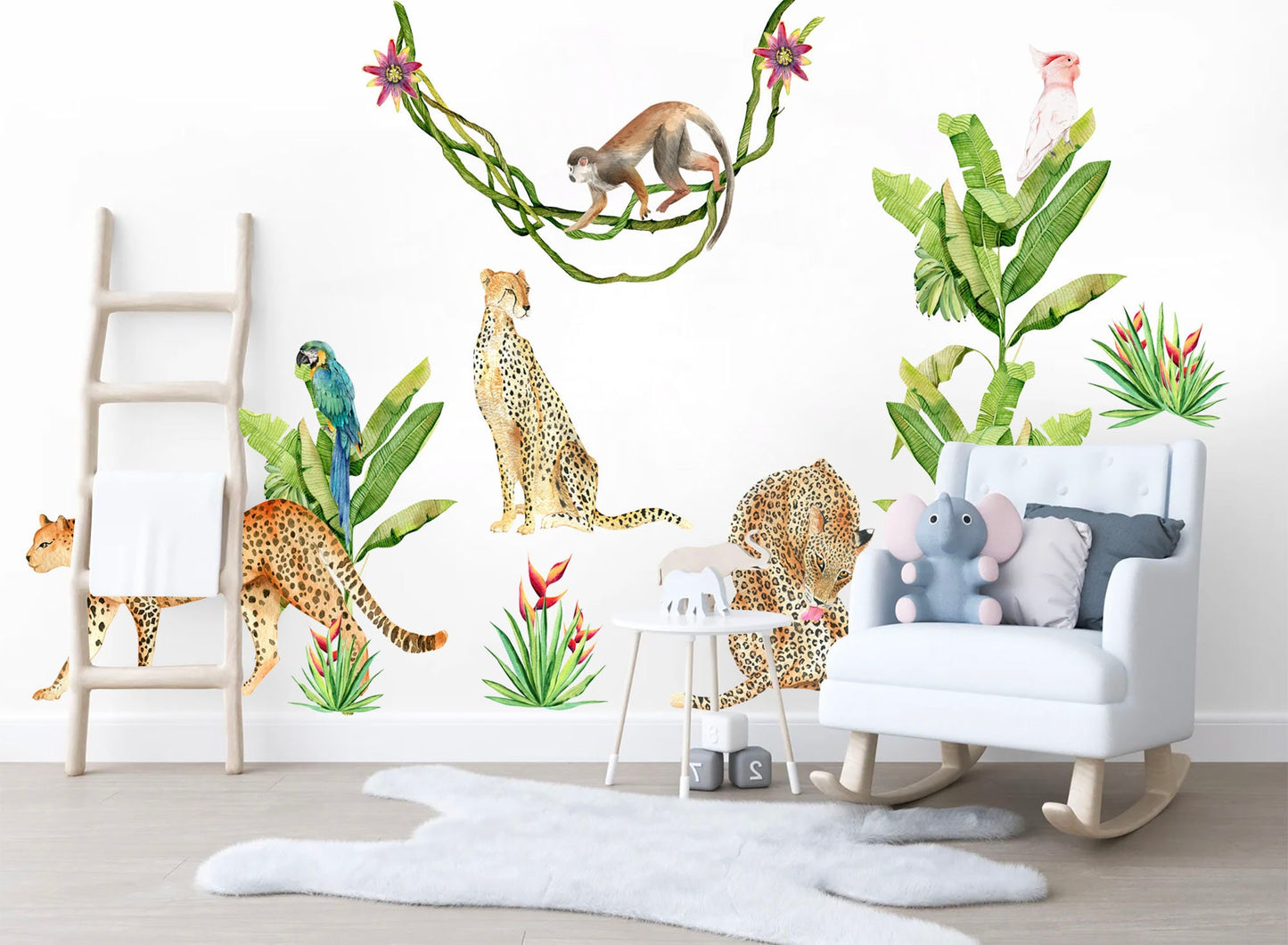 Wildlife Adventures Wall Decal - Cheetah Family Swinging Monkeys Parrot on Palm Tree - BR216
