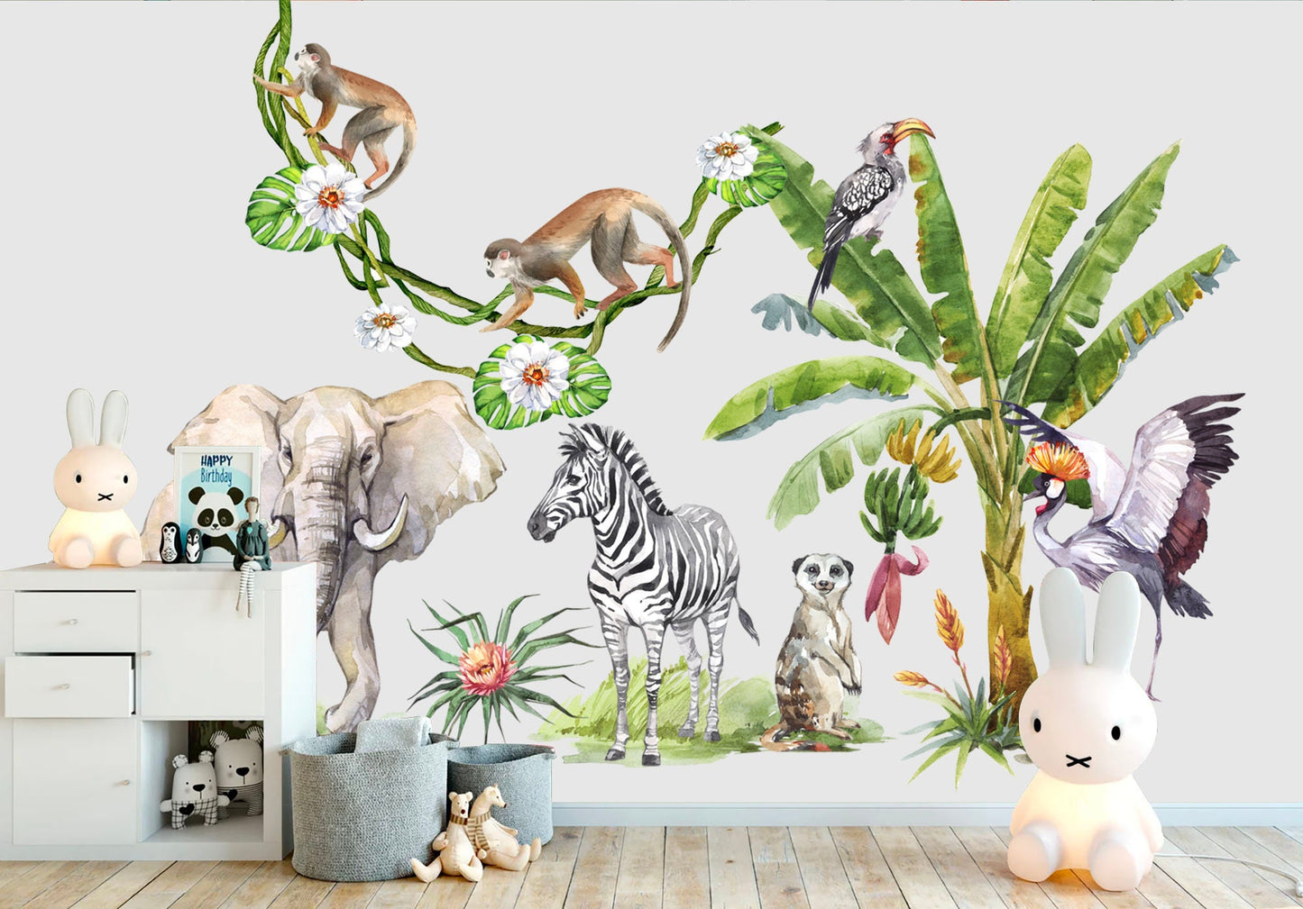 Jungle Safari Fun Animal Wall Decal - Vibrant Watercolor Style for Kids Room Decor - BR218